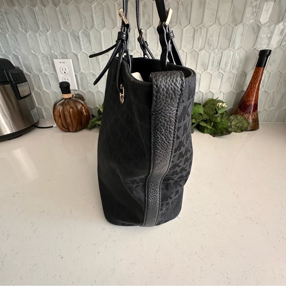 Michael Kors Black Logo Canvas Tote Bag Pebbled Leather Trim Gold - Picture 7 of 9